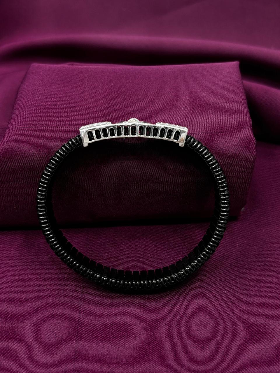 Zaviraa Urban Edge 925 Sterling Silver Iced-Out Bracelet with Black Stretch Band