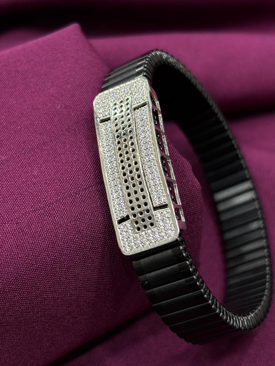 Zaviraa Urban Edge 925 Sterling Silver Iced-Out Bracelet with Black Stretch Band