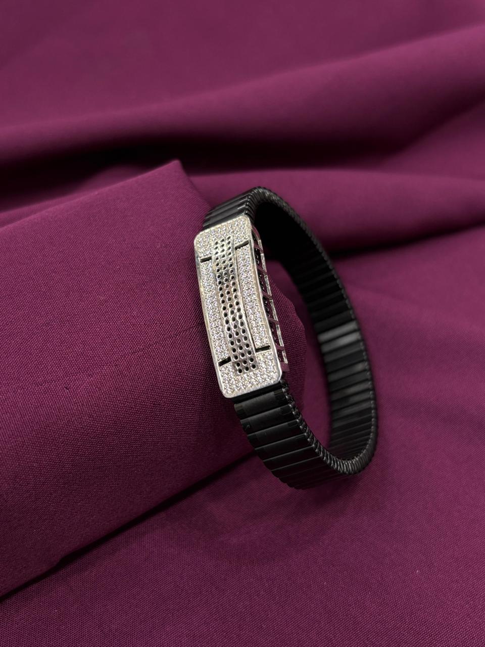 Zaviraa Urban Edge 925 Sterling Silver Iced-Out Bracelet with Black Stretch Band