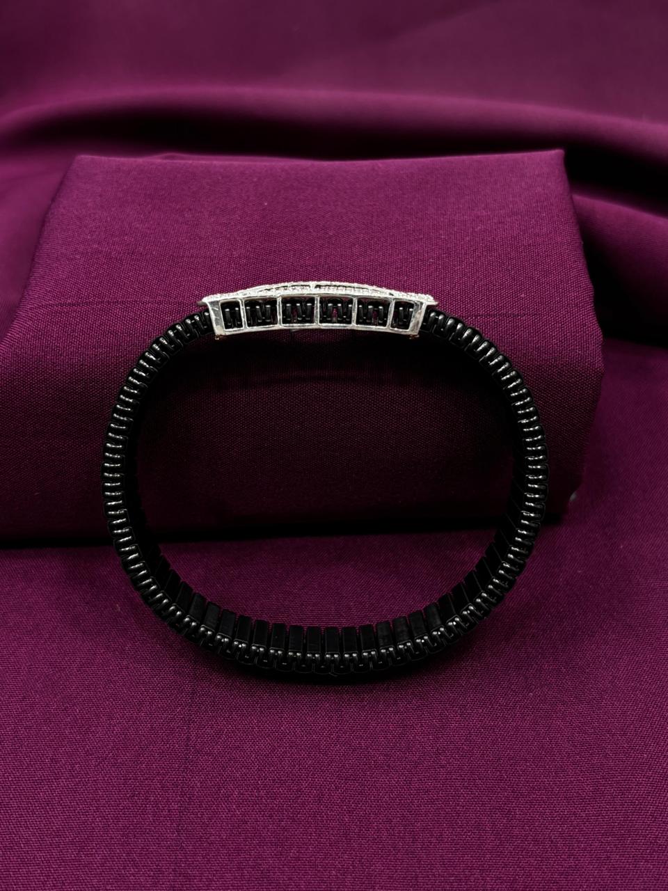 Zaviraa Urban Edge 925 Sterling Silver Iced-Out Bracelet with Black Stretch Band