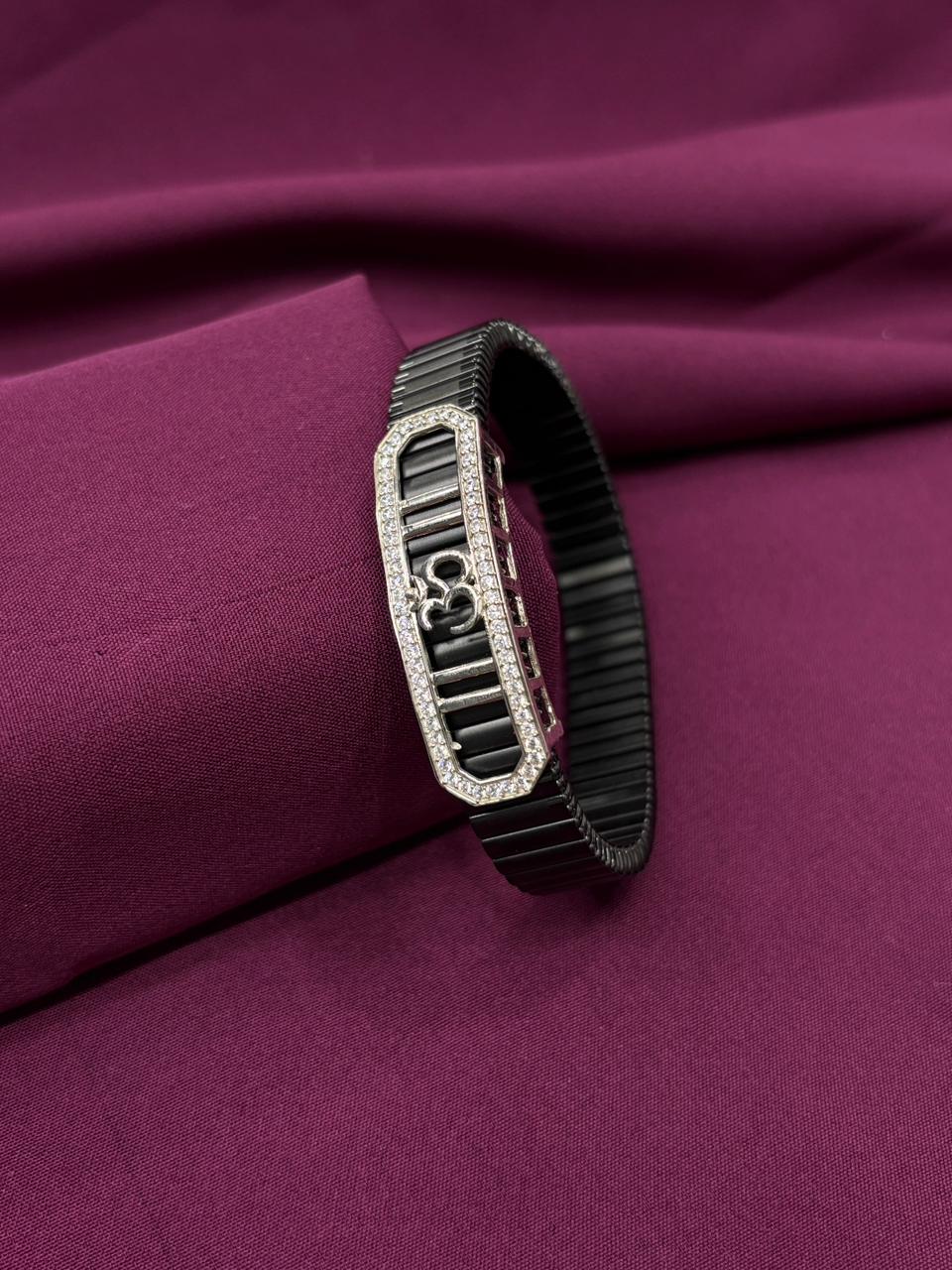 Zaviraa Eternal Om 925 Sterling Silver Iced-Out Geometric Bracelet with Black Stretch Band