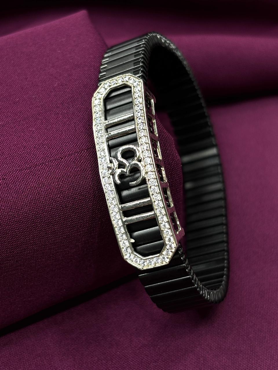 Zaviraa Eternal Om 925 Sterling Silver Iced-Out Geometric Bracelet with Black Stretch Band