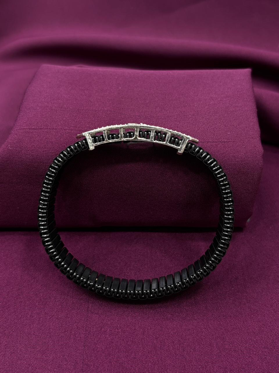 Zaviraa Eternal Om 925 Sterling Silver Iced-Out Geometric Bracelet with Black Stretch Band