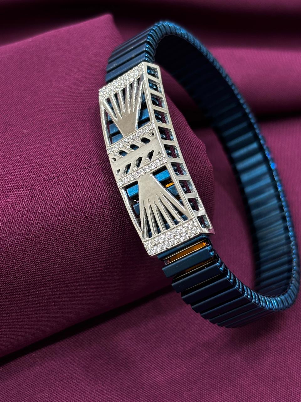 Zaviraa Art Deco Fan 925 Sterling Silver Iced-Out Bracelet with Royal Blue Stretch Band
