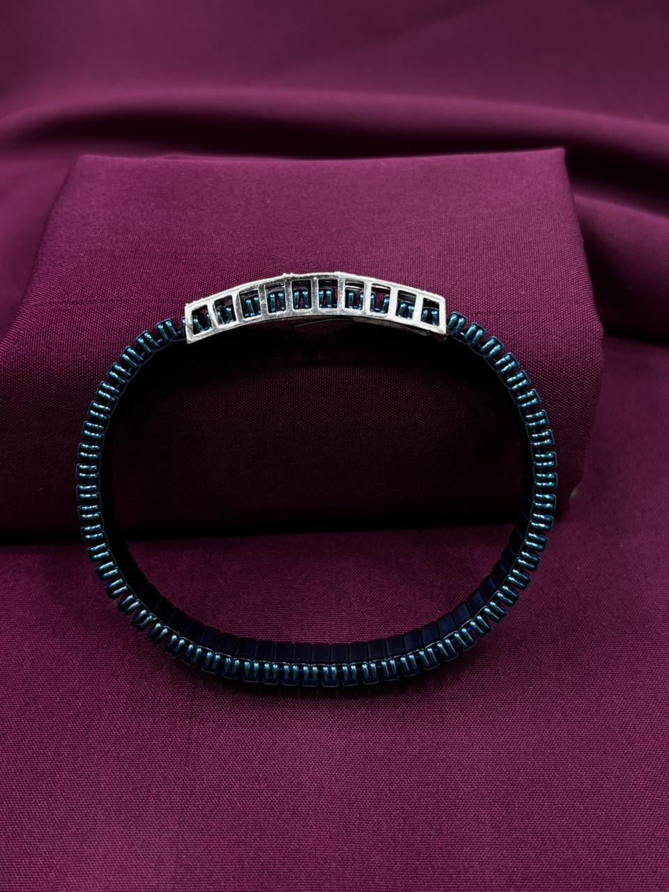 Zaviraa Art Deco Fan 925 Sterling Silver Iced-Out Bracelet with Royal Blue Stretch Band