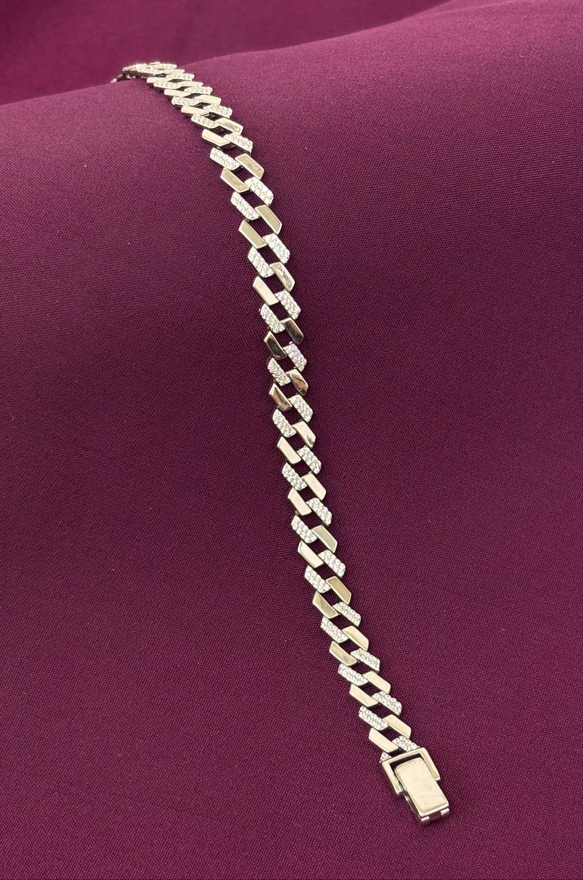 925 Sterling Silver CZ Studded Cuban Link Men’s Bracelet | Rhodium Plated Designer Silver Bracelet