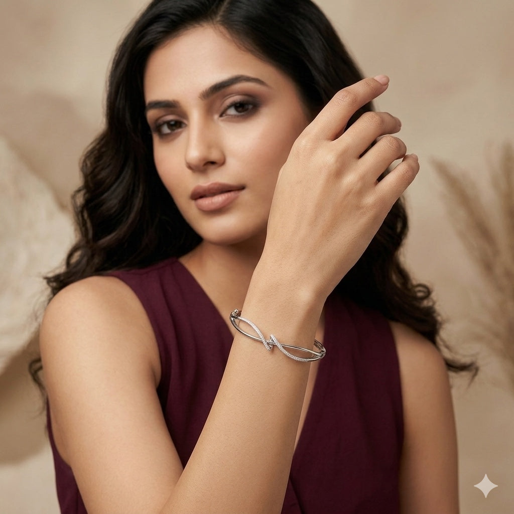 Sterling Silver Infinity Twist CZ Designer Bracelet Kada for Women