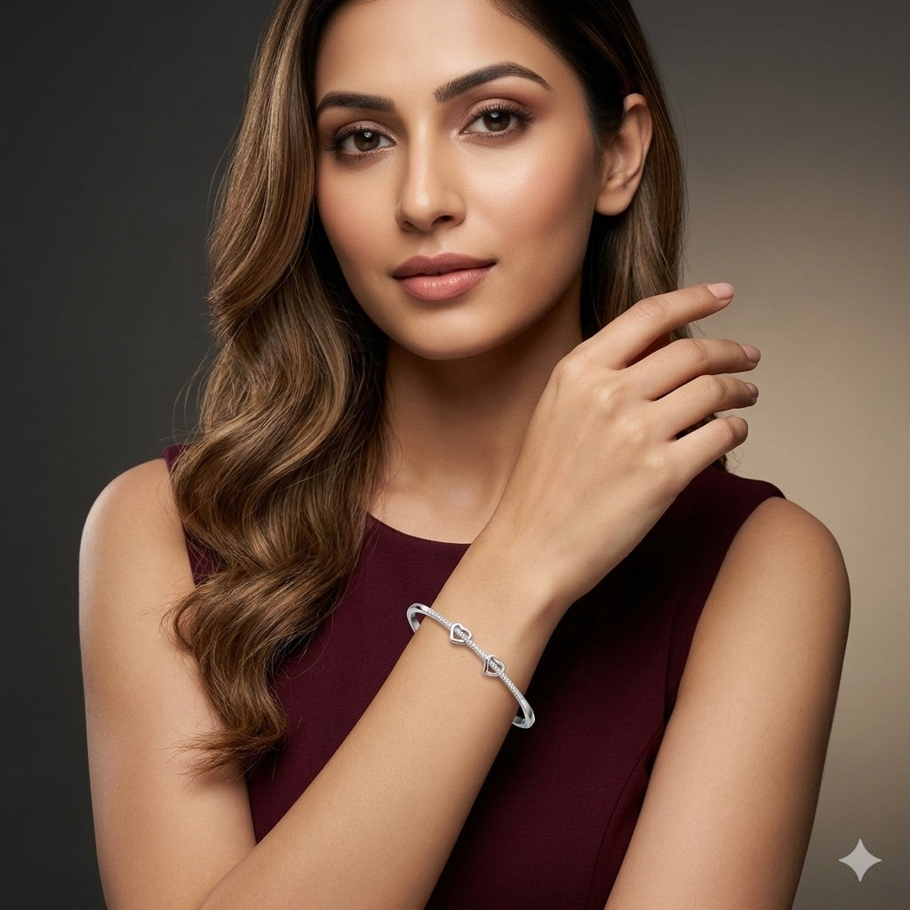Sterling Silver Double Heart CZ Designer Bracelet Kada for Women