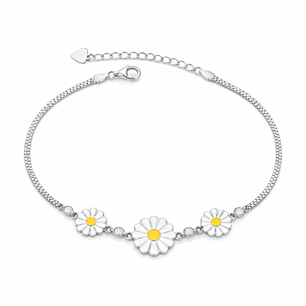 Silver bracelet with daisy flower charms on a white background