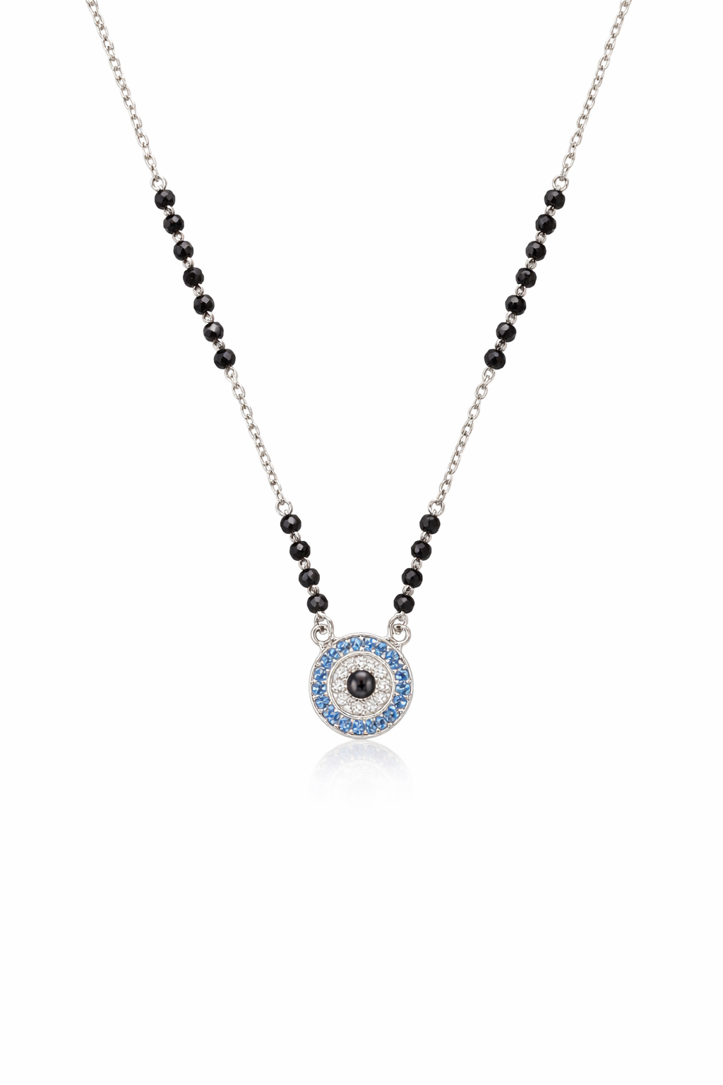 mangalsutra with black beads and a blue evil eye pendant on a white background