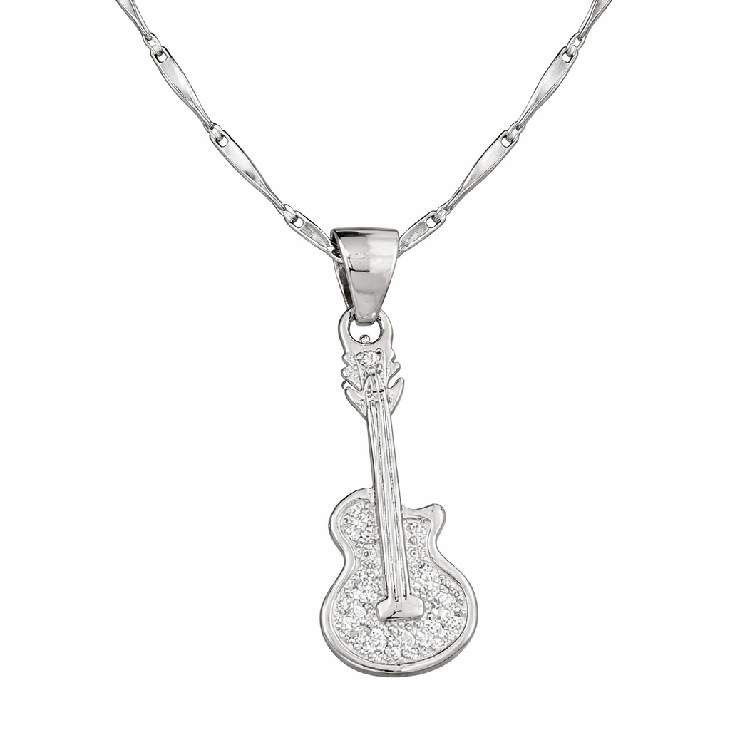 Silver guitar-shaped pendant on a chain against a white background