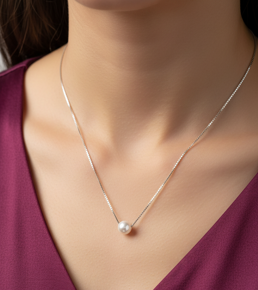 Silver necklace with a pearl pendant on a model wearing a purple top.