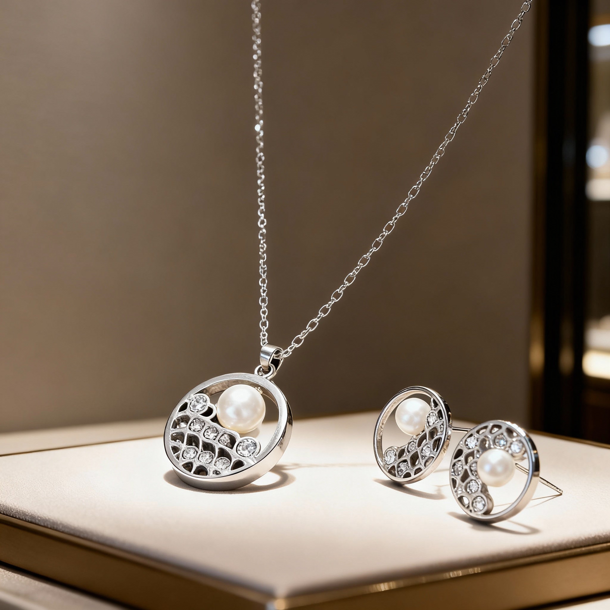 Silver jewelry set with pearl pendant on a wooden surface
