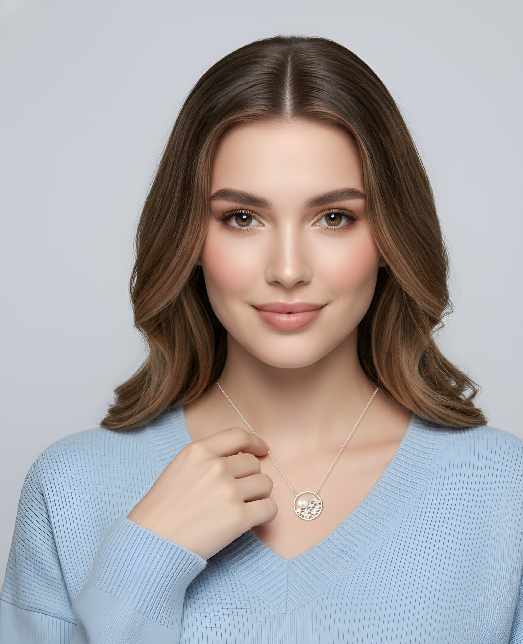 Woman wearing a light blue sweater and a necklace with a pendant against a gray background