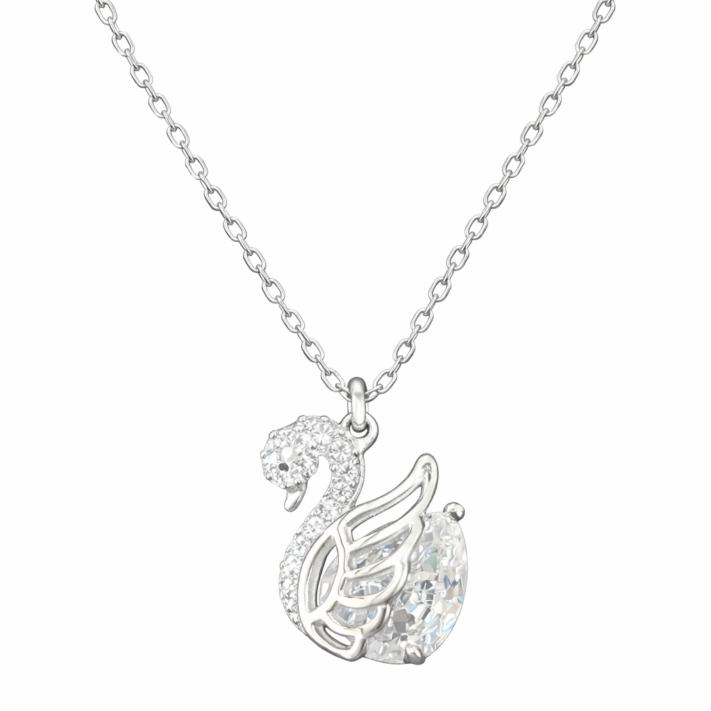 Silver swan pendant necklace on a white background