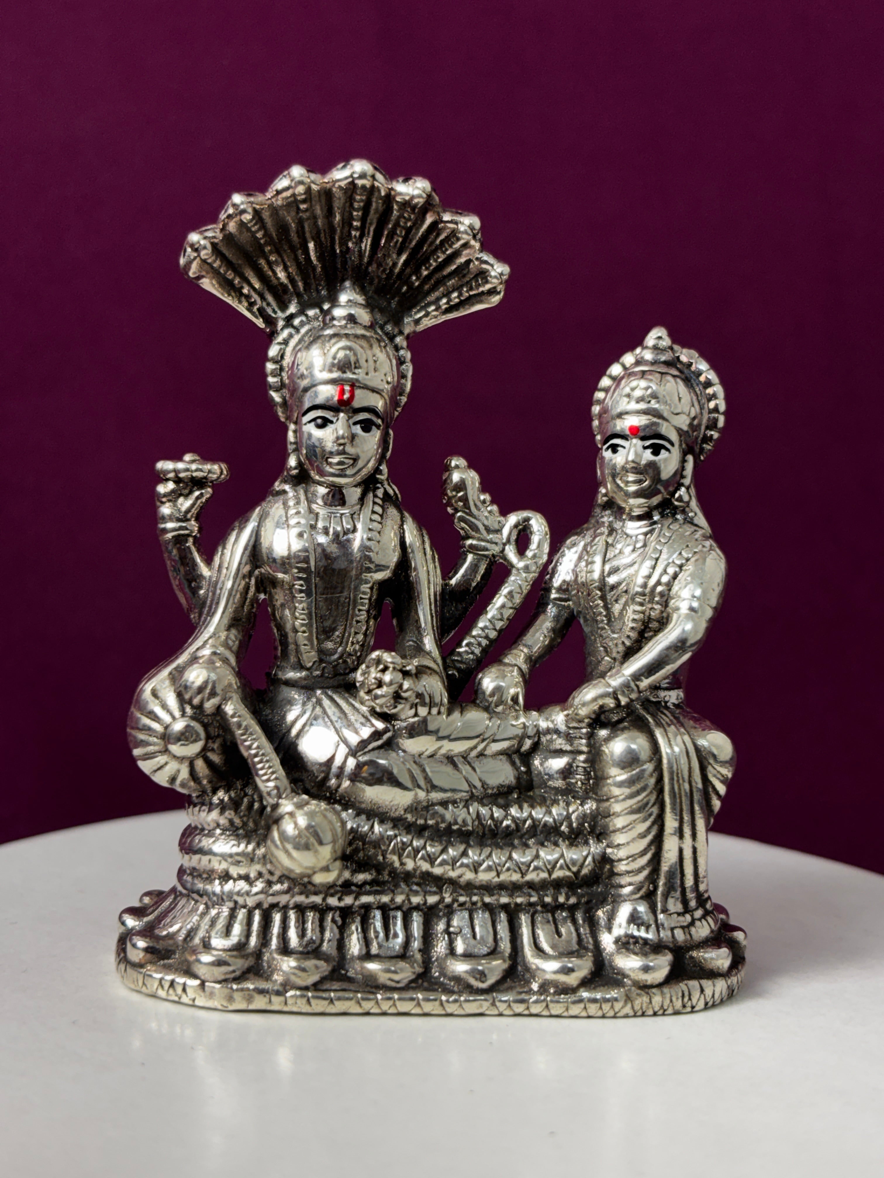 Vishnu & Laxmi Mata Sitting Idol | Silver Oxidised Divine Figurine | Zaviraa