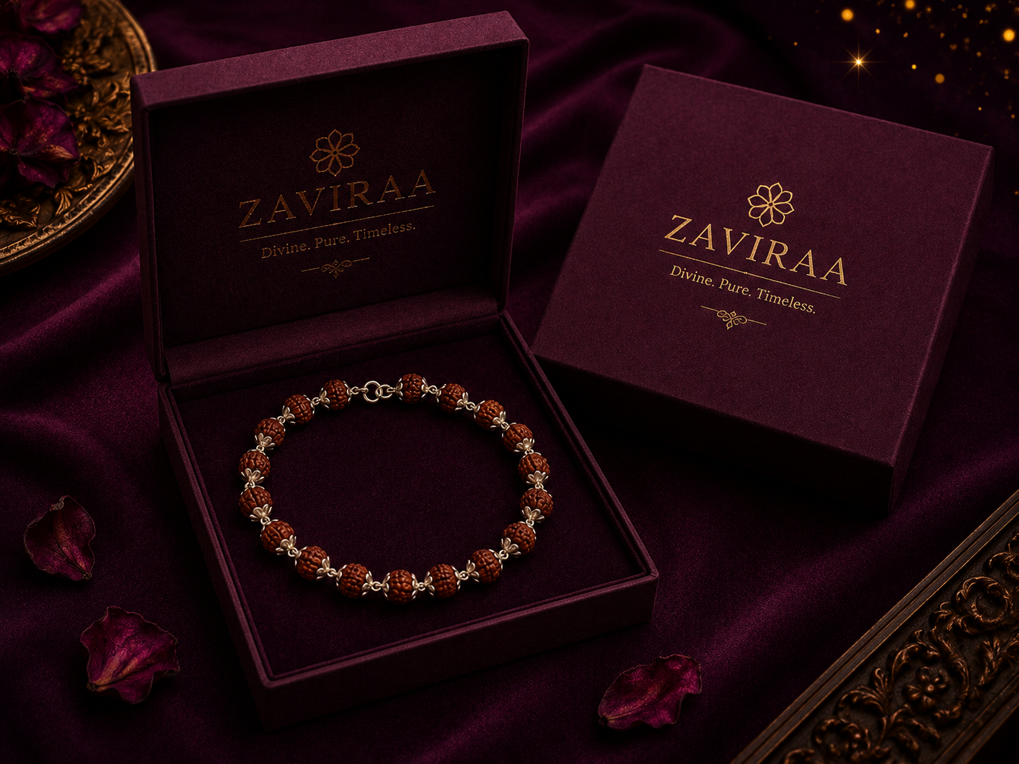 Premium Rudraksh Bracelet | Double Tar | Silver Flower Caps and Beads | 925 Silver | Zaviraa