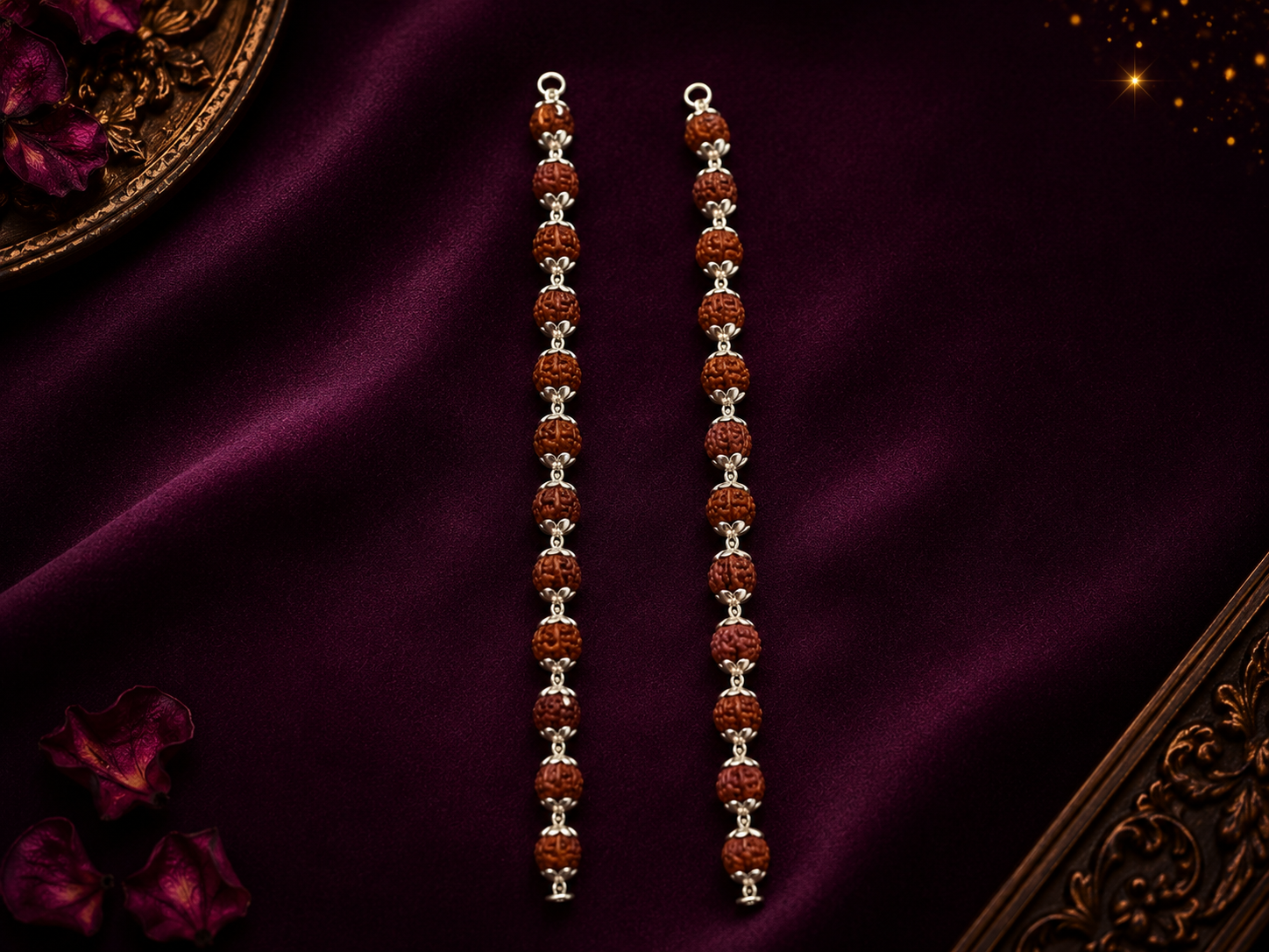 Premium Rudraksh Bracelet | Double Tar | Silver Flower Caps and Beads | 925 Silver | Zaviraa