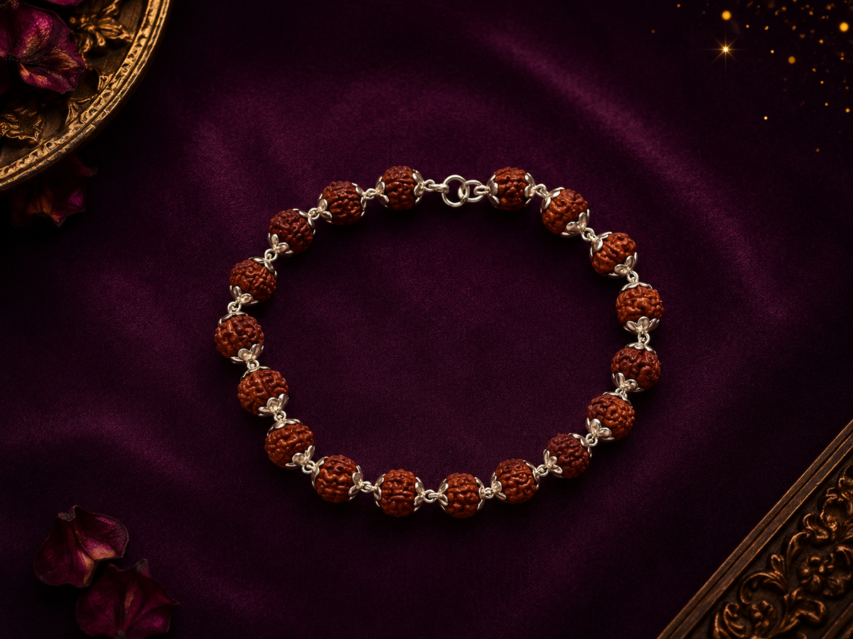Premium Rudraksh Bracelet | Double Tar | Silver Flower Caps and Beads | 925 Silver | Zaviraa