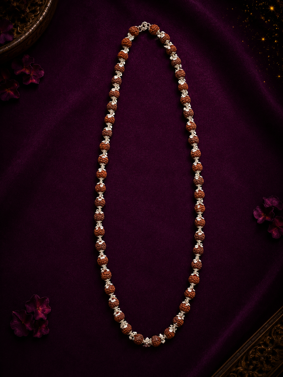 Silver Rudraksha Mala (8MM Beads) | Double Tar | Silver Flower Caps and Beads | Men |925 Silver | Zaviraa
