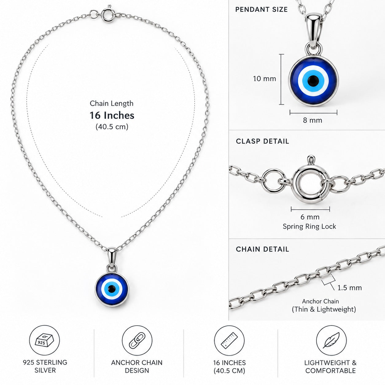 Silver Evil Eye Chain Pendent | Daily Wear | Minimal design | Zaviraa 925 Sterling Silver