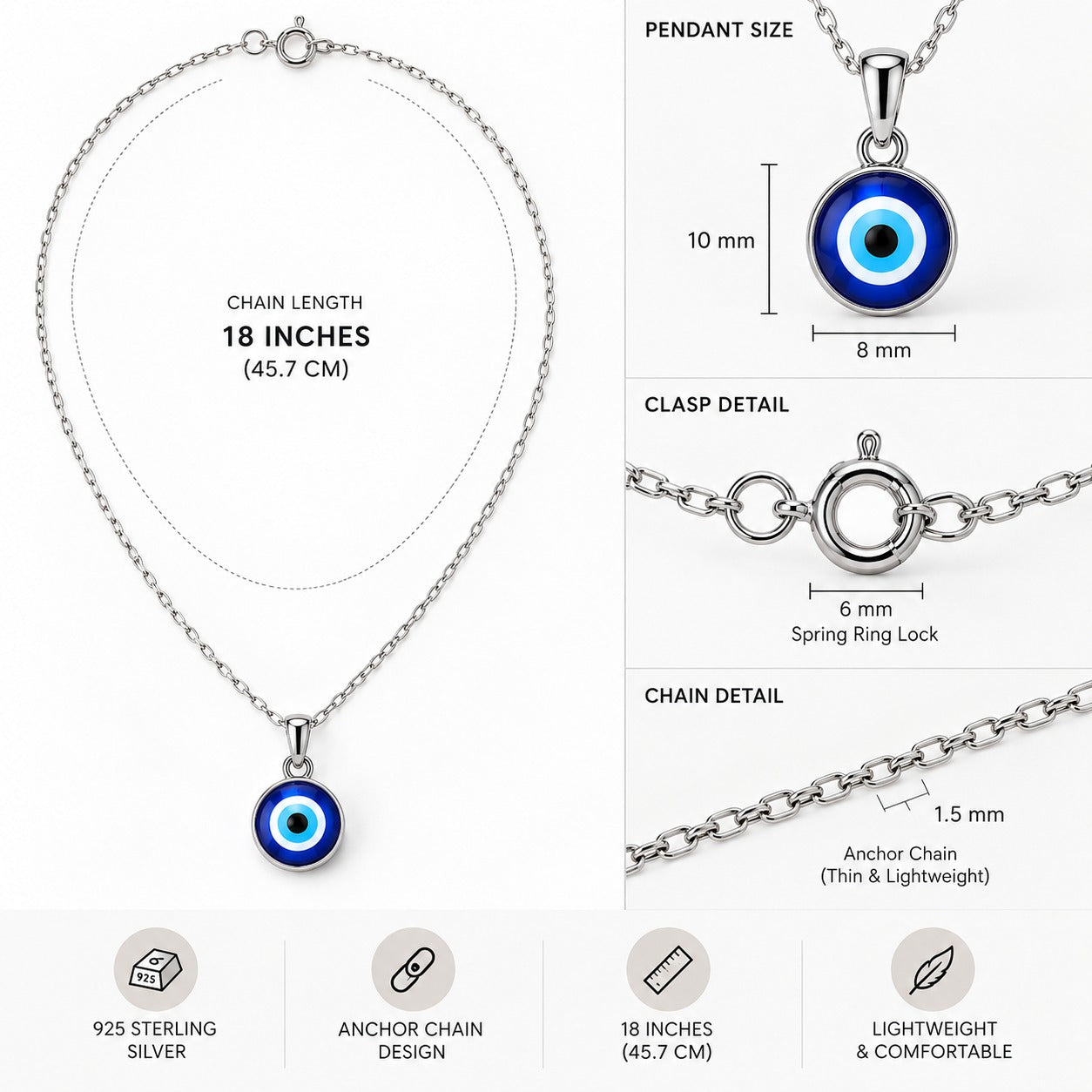 Silver Evil Eye Chain Pendent | Daily Wear | Minimal design | Zaviraa 925 Sterling Silver