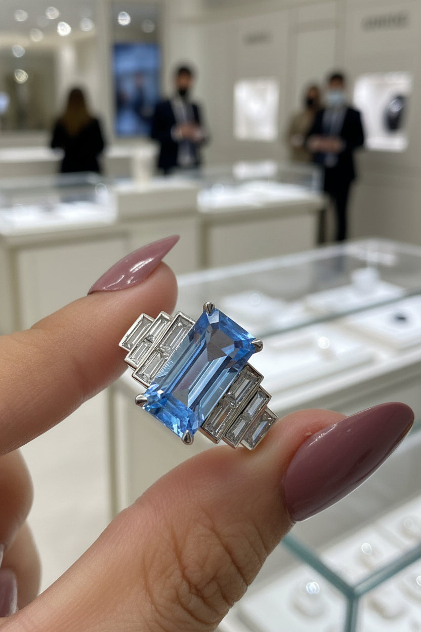 Zaviraa Emerald Cut Aquamarine Engagement Ring for Women – 925 Sterling Silver Art Deco 7 Stone Ring with Baguette Moissanite Accents | March Birthstone Proposal Ring