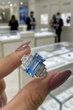 Zaviraa Emerald Cut Aquamarine Engagement Ring for Women – 925 Sterling Silver Art Deco 7 Stone Ring with Baguette Moissanite Accents | March Birthstone Proposal Ring