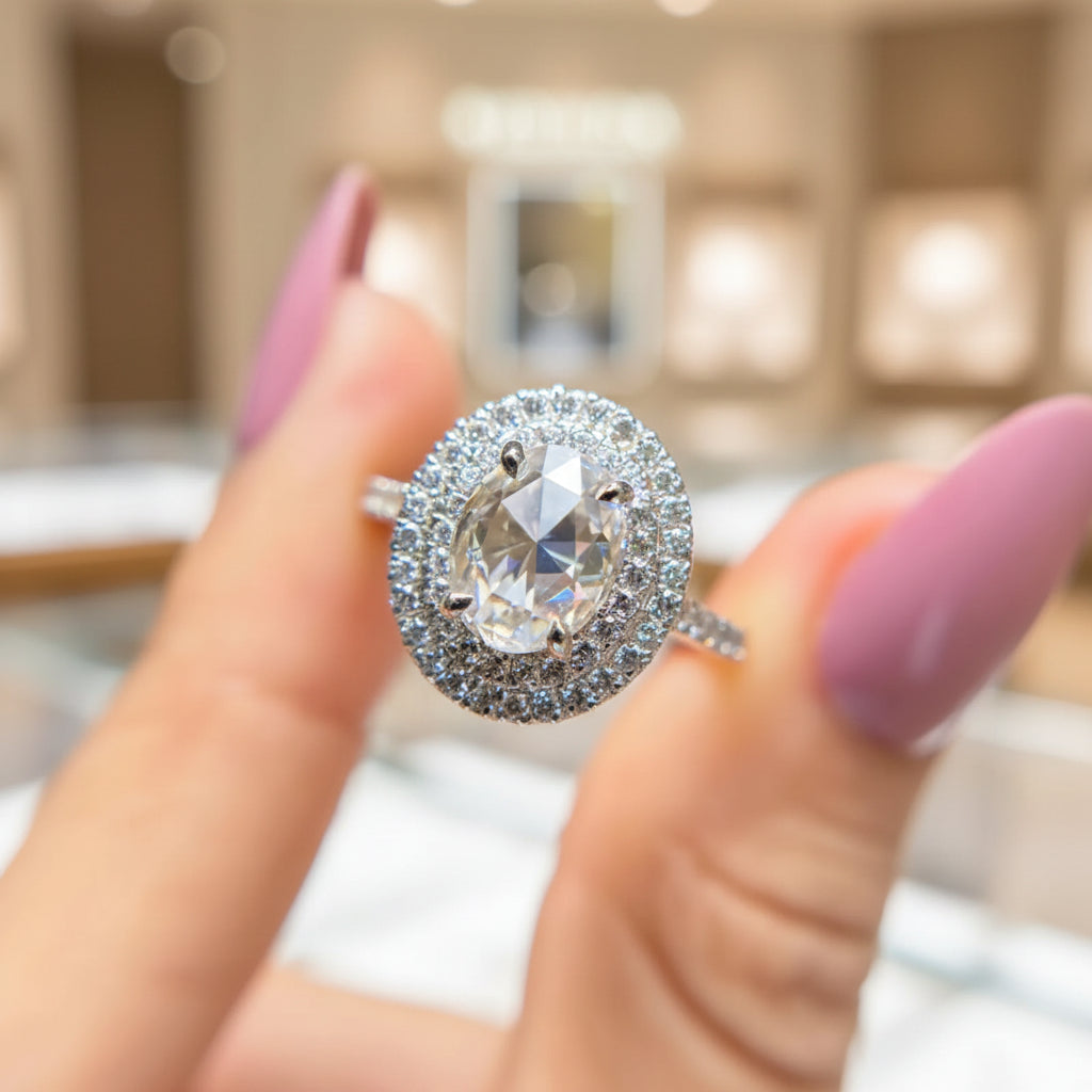 rose cut oval moissanite double halo vintage ring zaviraa