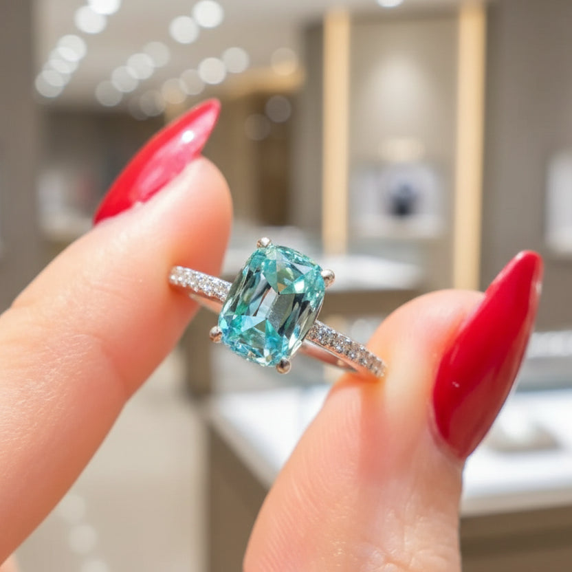 Zaviraa Cyan Blue Old Mine Cushion Cut Moissanite Engagement Ring for Women – 925 Sterling Silver Solitaire Ring with Pave Band | Vintage Proposal Ring