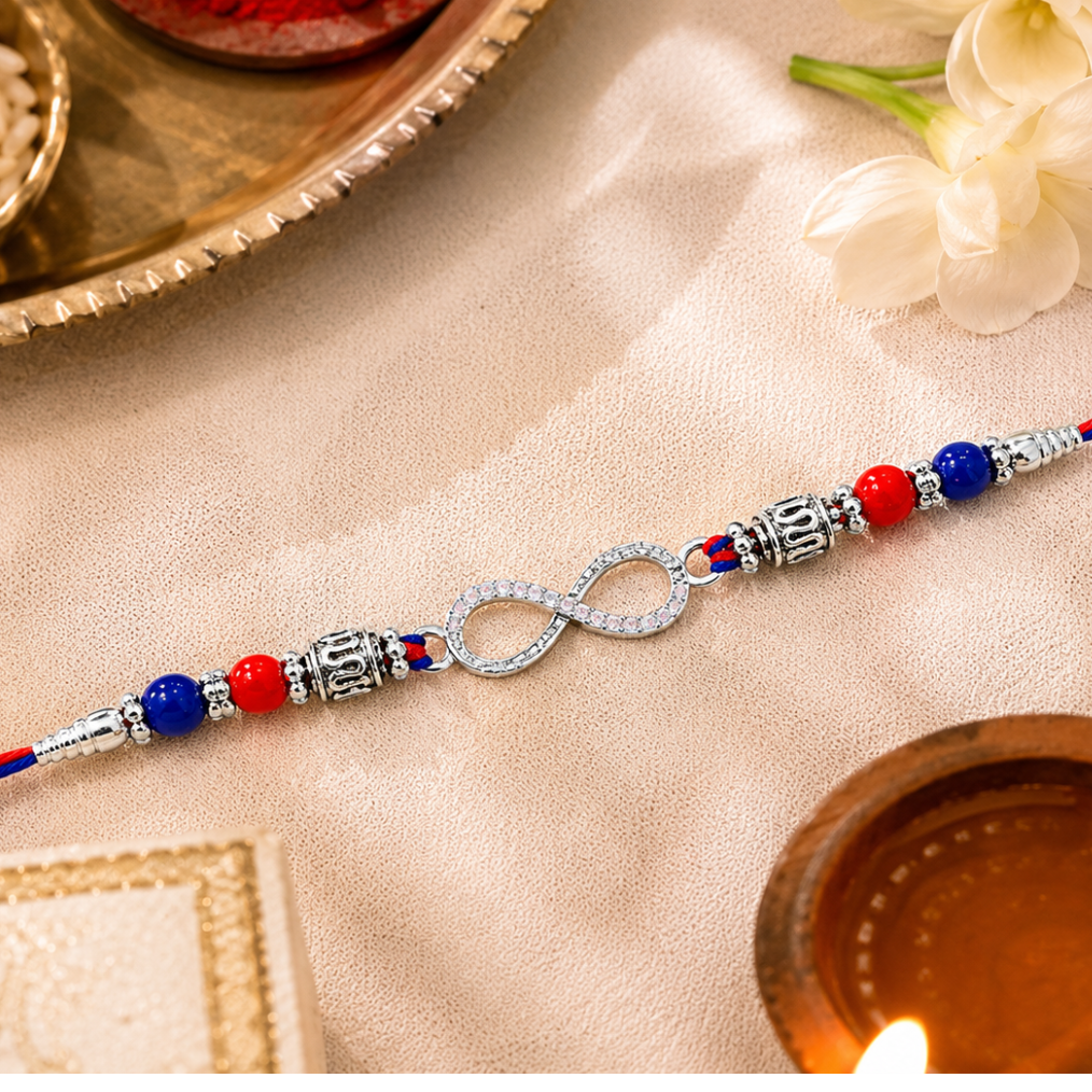 Silver Infinity Symbol Rakhi | Pure 925 Sterling Silver Infinity  Rakhi | Forever Bond Designer Infinity Rakhi | Zaviraa