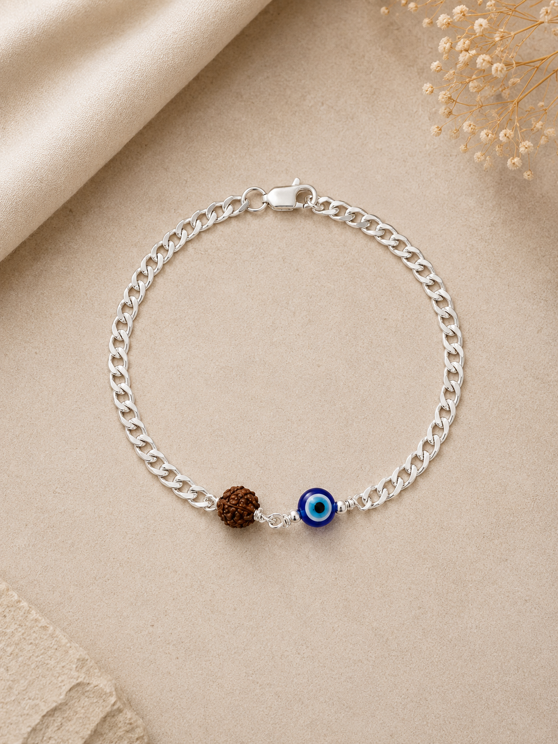 Silver Rudraksh + Evil Eye Girls Bracelet | Trending Pure 925 Sterling Silver Protective Girls Bracelet