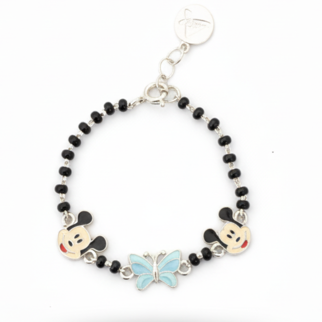 Silver Bracelet with black beads, cartoon character charms, and a butterfly charm on a white background
