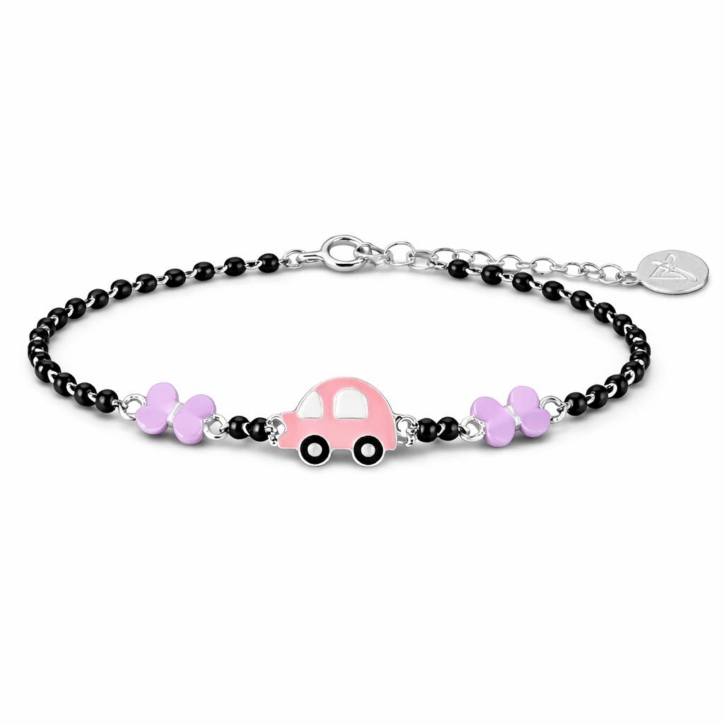 Bracelet with pink car and butterfly charms on a white background