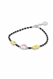 silver Bracelet with black beads and colorful charms on a white background