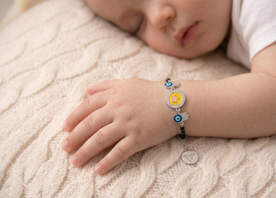 Baby's hand wearing a silver bracelet with colorful charms on a textured beige surface