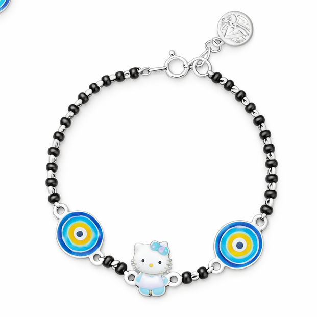Bracelet with black beads, blue and yellow circular charms, and a Hello Kitty charm on a white background.