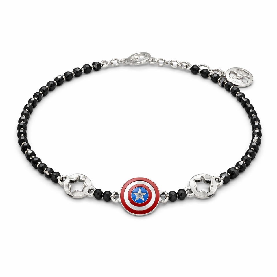 Bracelet with Captain America emblem and black beads on a white background