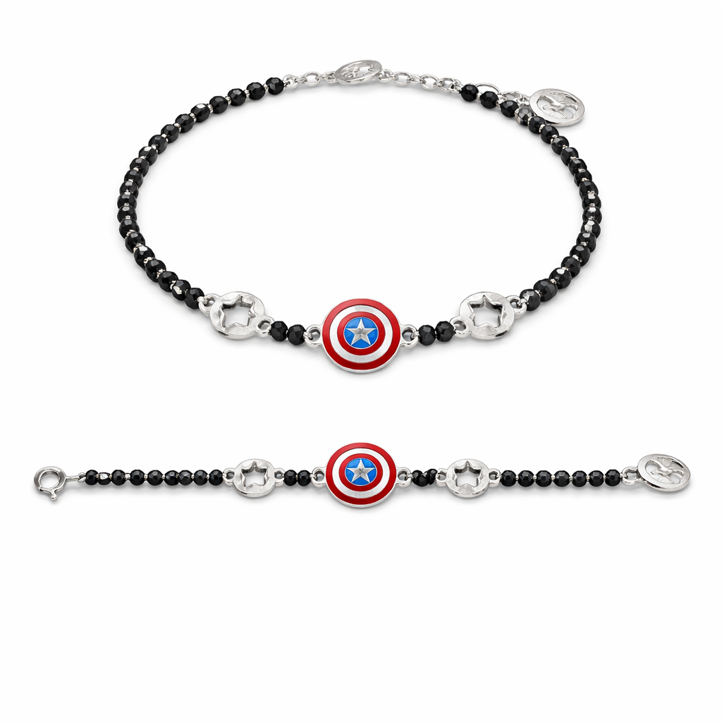 Bracelet with black beads and Captain America shield charms on a white background