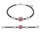 Bracelet with black beads and Captain America shield charms on a white background
