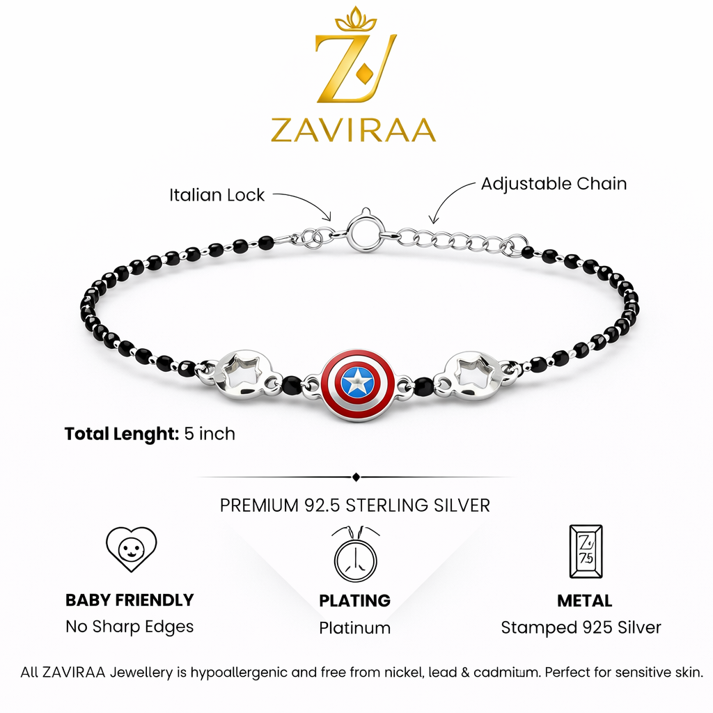 ZAVIRAA bracelet with Captain America shield charm on a white background