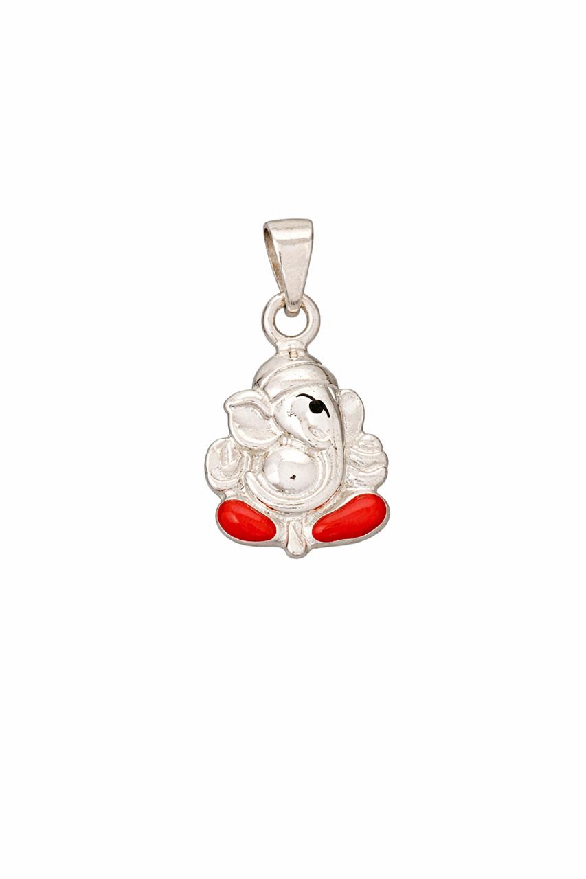 Silver pendant with red accents on a white background