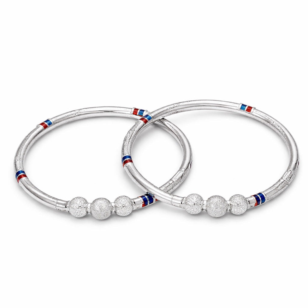silvedr baby kada  with red, white, and blue meena on a white background