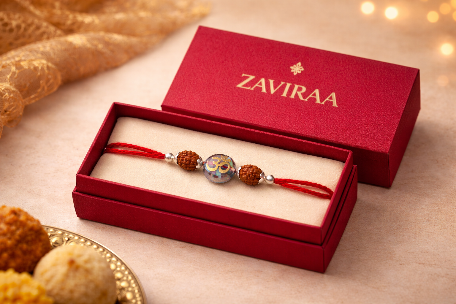 om rudraksh rakhi in zaviraa box