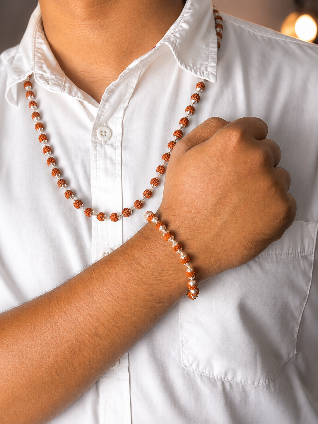 Rudraksh Mala + Bracelet Combo | 8mm | Silver Flower Caps & Beads | Men | Zaviraa