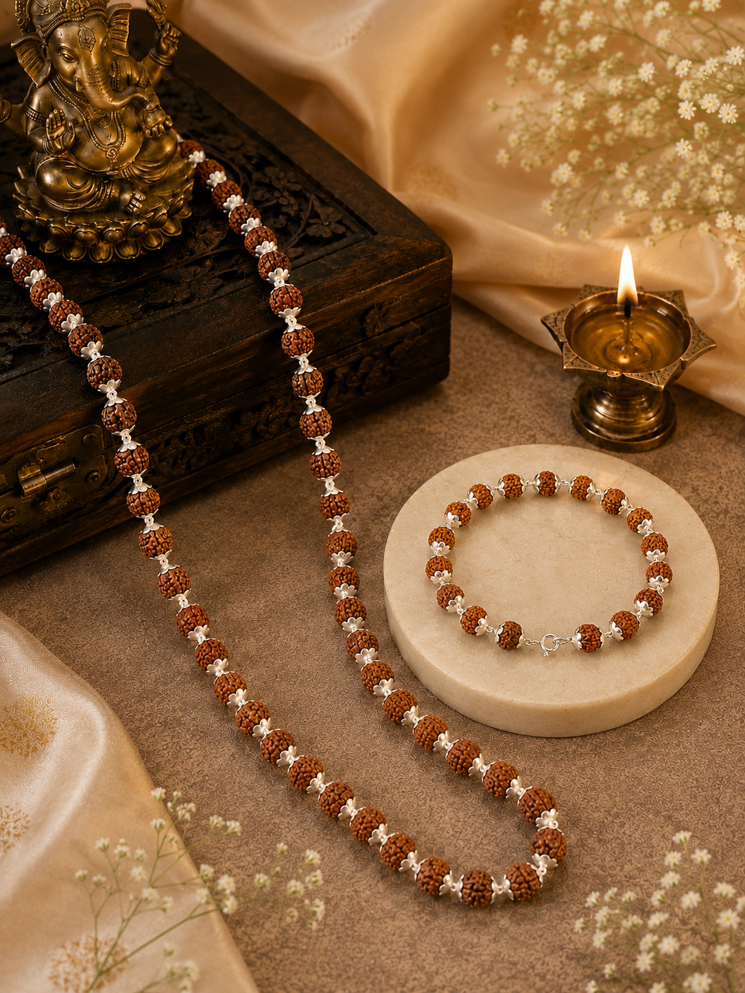 Silver Rudraksha Mala and Bracelet Combo (8MM Beads) |  PURE 925 Silver Double Taar Mens Rudraksh Mala and Bracelet Combo | Silver Flower Caps and Original Rudraksha | Zaviraa