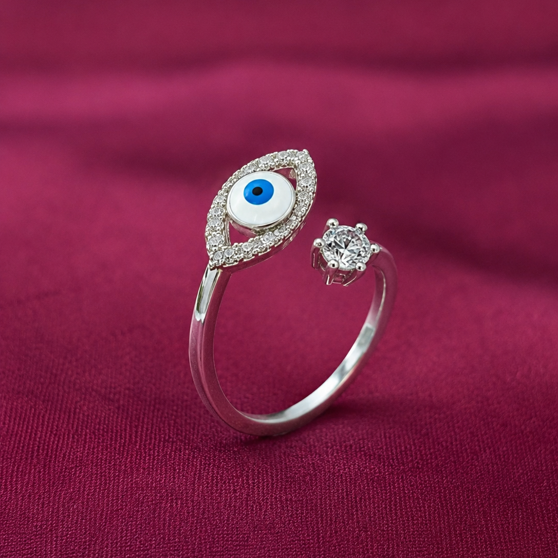 Evil Eye Adjustable Ring in 925 Silver | Minimal Jewelry | 925 Silver Designer Evil Eye Designer Ring | Zaviraa