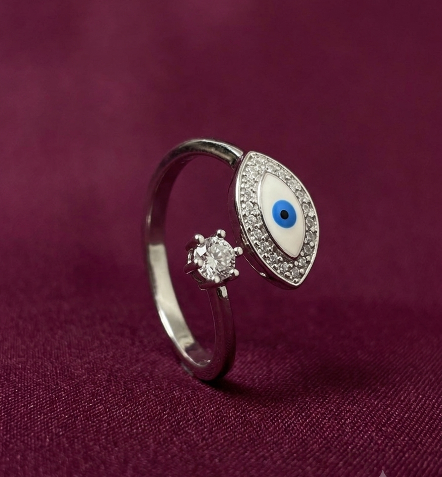 Evil Eye Silver Ring | 925 Sterling Silver Evil Eye Adjustable Ring with Solitaire | Open Adjustable Ring for Women & Girls |Zaviraa