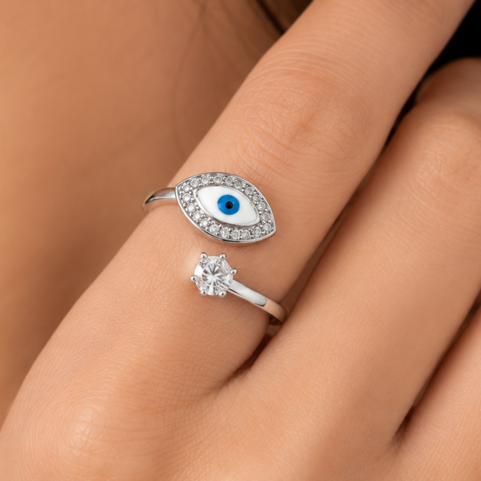 Evil Eye Silver Ring | 925 Sterling Silver Evil Eye Adjustable Ring with Solitaire | Open Adjustable Ring for Women & Girls |Zaviraa