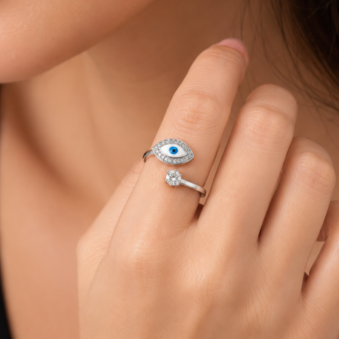 Evil Eye Silver Ring | 925 Sterling Silver Evil Eye Adjustable Ring with Solitaire | Open Adjustable Ring for Women & Girls |Zaviraa